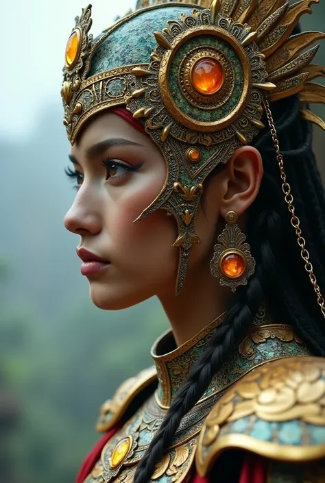 A close side photography of Java mythical sun Goddess, with intricate detail Java ancient cyber armor, detail armor with java cyber ornament, in the misty sky realm of Goddess, wise, charismatic and too handsome, porcelain pure perfect skin