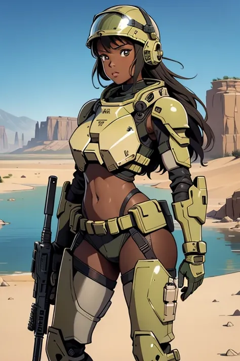 African women, Sexy feminine, sci-fi, In front of a lake in the desert, battle armor  , vast  battle  suits,  holding assault  rifle,  tactical  helmet,  full  armor,  holding  HK416 