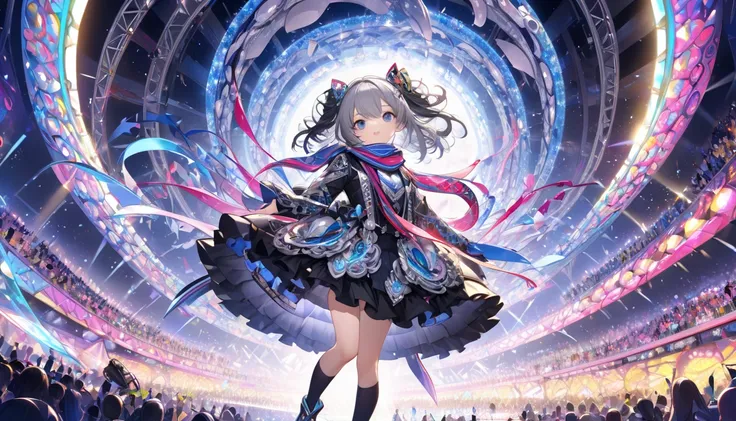  cool idol costume  、  girl in cool costume    、scarf, Grey Hair,    jagged black hair  、Idol with microphone 、    High Dynamic Range 、 Shining bright light 、   衣装を着た女の子     Looking Ahead 、 Looking Ahead  、Around the girls    、      blue and audience swirl...