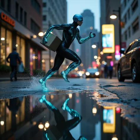 IMG_7875.CR2, cinematic shot of Quicksilver, Holding a delivery box, runs at high speed on the city street after rain, and his lightning figure reflected clear in the accumulated water on the street