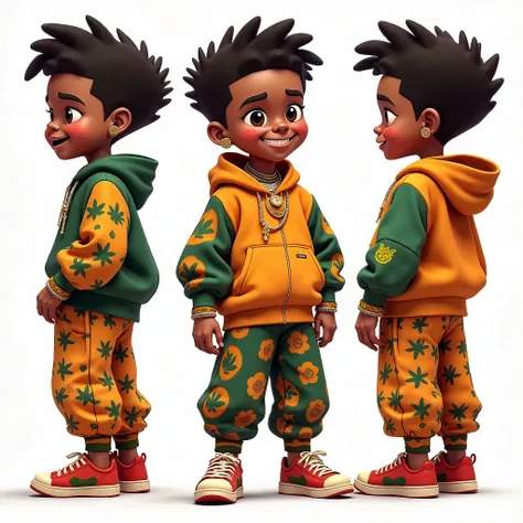 African male toddler 2d character with a huge love for bhang, can rap, is an artist , born in the 90s , dresses in a blend of urban street wear and traditional African styles . Different render angles . Illustration 