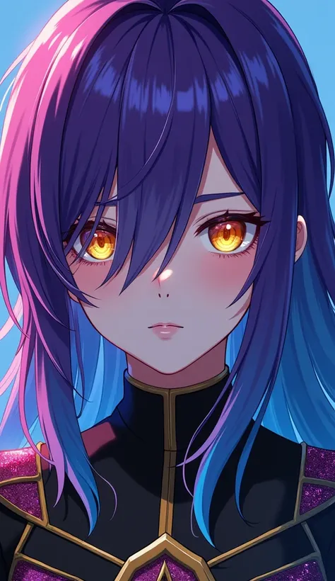 Close-up anime portrait of a woman with high-detail illustrations, complete body, colorful hair from bright purplee to gradient,her hair covers her left eye(emo shag hairstyle), yellow eyes, medieval (magic) and abstract black costumes. Full-body style, th...