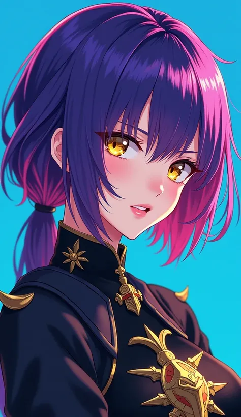 Close-up anime portrait of a woman with high-detail illustrations, complete body, colorful hair from bright purplee to gradient,her hair covers her left eye(emo shag hairstyle), yellow eyes, medieval (magic) and abstract black costumes. Full-body style, th...