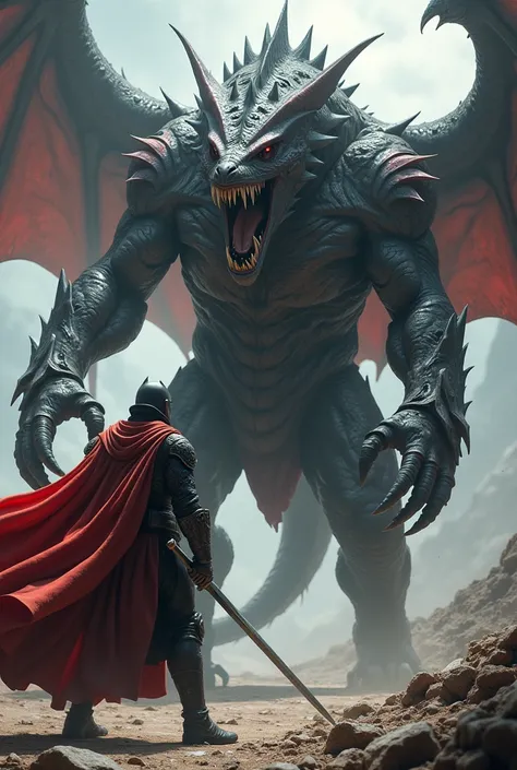 A caped warrior with a sword fighting a humanoid bulky black and red dragon (the dragon is the same size and height as the warrior)