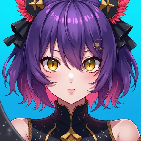 Close-up anime portrait of a woman with high-detail illustrations, complete body, colorful hair from bright purplee to gradient,her hair covers her left eye(emo shag hairstyle), yellow eyes, medieval (magic) and abstract black costumes, medidas de 90, 60, ...