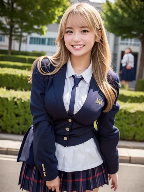 High School Uniform、   Big Breasts Covered   、E Cup、blonde、 Hunchback 、School in the background、 forward slack 、smile、 slouching forward