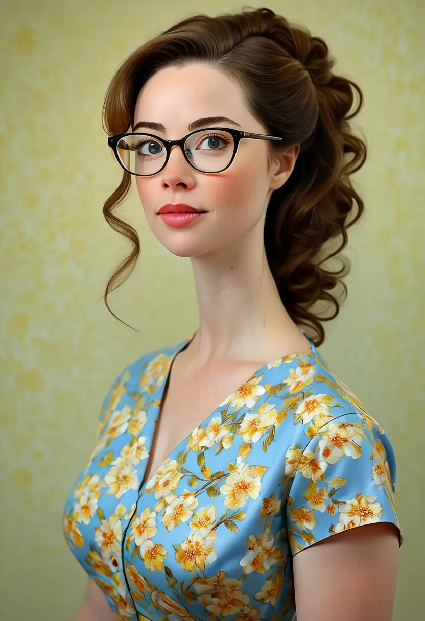 a stunningly beautiful  house wife, glasses, dress. the medium used to depict this artwork is oil painting, ensuring a high-qual...