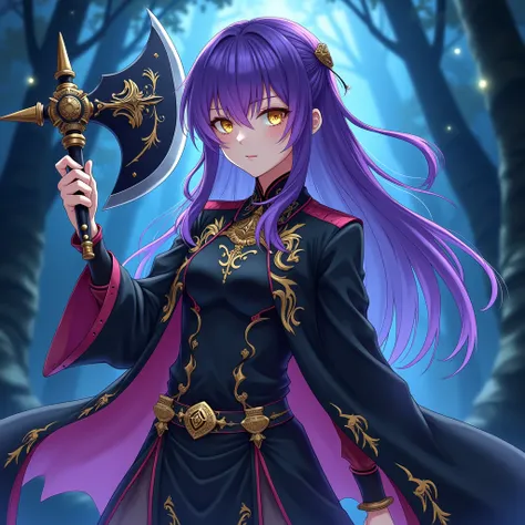  anime of a woman with high-detail illustrations, complete body, colorful hair from bright purplee to gradient,her hair covers her left eye(emo shag hairstyle), yellow eyes, medieval (magic) and abstract black costumes, medidas de 90, 60, 90,. Full-body st...