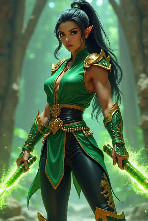 Create a character design of Jade Strike, a Masters of the Universe-style martial artist. She is an athletic Asian woman with golden-toned skin, sharp green eyes, and long black hair tied in a high ponytail. She wears a jade-green sleeveless tunic with gol...