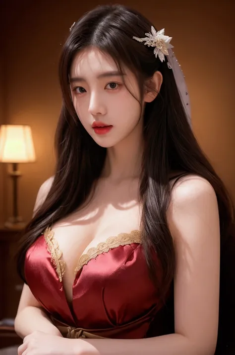 korean model , 167cm ，Movie Angle， （cute girl，anatomy correct, romantic dark ambience,  masterpiece costume，（ art，geomerty），（plethora of colorest quality，high detal，tmasterpiece，Cinematic lighting effects，4K，Chiaroscuro）huge bosoms , masterpiece silk lace ...