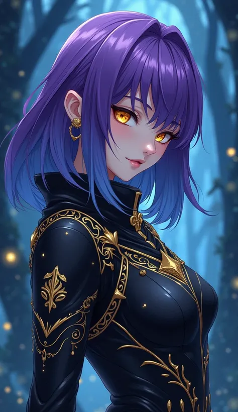  anime of a woman with high-detail illustrations, complete body, colorful hair from bright purplee to gradient,her hair covers her left eye(emo shag hairstyle), yellow eyes, medieval (magic) and abstract black costumes, medidas de 90, 60, 90,. Full-body st...