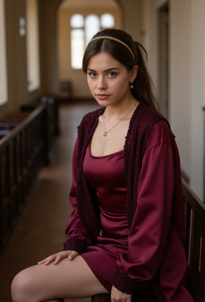 young brunette woman, beautiful eyes. long brown hair with ponytail. Hairband, necklace, kneelengh dress in burgundy shiny satin with long sleeves and a lace jacket, Tights, transparent lip gloss, narrow building, Pretty, 2, Full body photo, long legs, Sat...