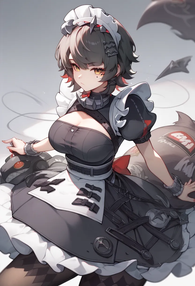 1 girl,allen_joe,maid_headskirt,black_skirt,wrist_cuff,fluffy_short_sleeve,mole_under_eye,big goals_chest,frilly_skirt,black_pan...