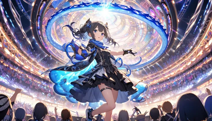  Cool Idol Costumes   、  Girl in a cool costume     、scarf, Grey Hair,     jagged black hair    、Idol with microphone 、     High Dynamic Range 、 Shining bright light 、   衣装を着た女の子     Looking Ahead 、 Looking Ahead  、Surrounding the girls     、       blue an...