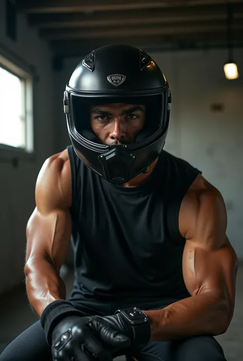 Handsome young man wearing motorcycle helmet and wearing leather gloves at a photo shoot 