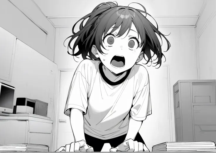 (masterpiece, best quality:1.2),((monochrome,greyscale:1.2)),manga, 1girl,brown hair, ponytail, black eye, Oversized white T-shirt, black short shorts,((facing viewer:1.2)),solo ,1 girl,hands on table,in girl room, pc room,((Jump back:1.2)),Panic,Be wide-e...