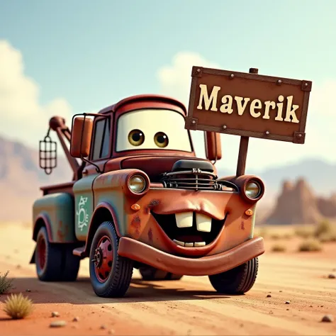 Create an image with the character of Martin the old rusty tow truck in the movie “Cars” who is holding a sign with the name “MAVERIK”