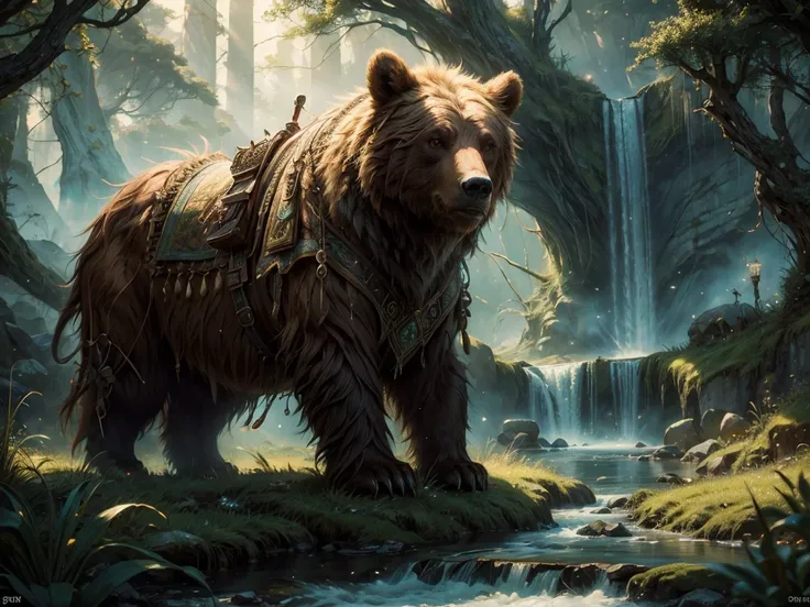 High details, best quality, 8k, [ultra detailed], masterpiece, photorealistic, fantasy art. A wide-angle, dynamic shot of a female human druid kneeling (1.5 intricate details, masterpiece, best quality), talking to a grizzly bear with thick, shaggy fur and...