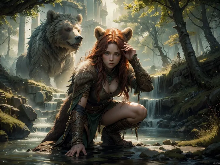 High details, best quality, 8k, [ultra detailed], masterpiece, photorealistic, fantasy art. A wide-angle, dynamic shot of a female human druid kneeling (1.5 intricate details, masterpiece, best quality), talking to a grizzly bear with thick, shaggy fur and...