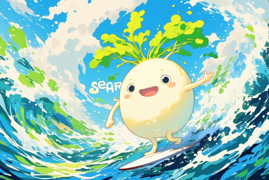 (Japanese white radish:Eyes and mouth:limbs:white:Leaf Hair ),surfing,Show logo in background"SeaArt"