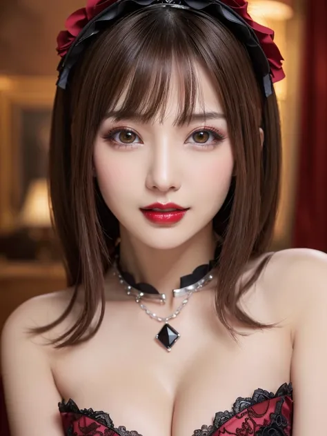 (Highest quality、fullbody1.9、8k、Best image quality、Award-winning works)、(One Girl, :1.3)、(Outfit: gothic Lolita style:1.5)、(Red eyeshadow:1.2)、Perfect Makeup、Long eyelashes、Ultra-high definition sparkling eyes、Ultra HD Hair、Ultra-high resolution glossy lip...