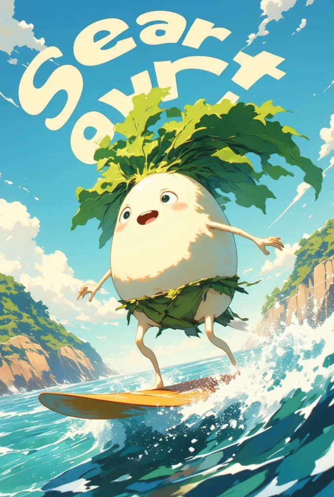 (Japanese white radish:Eyes and mouth:limbs:white:Leaf Hair ), loincloth,surfing,Show logo in background"SeaArt"