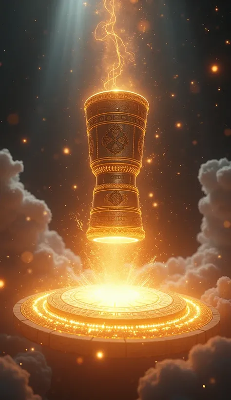 A dramatic, close-up view of a massive, celestial gavel descending in slow motion toward a radiant, glowing platform. The gavel is ornately crafted, its surface engraved with symbols of divine justice, glowing faintly with an inner light. As it strikes, th...