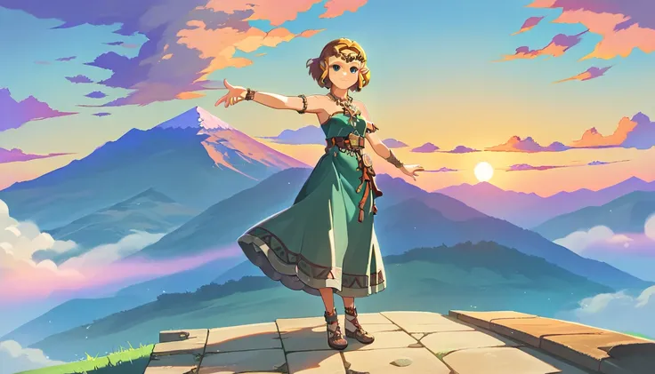 score_9, score_8_up, score_7_up, score_6_up, source_anime, totkzelda, 1girl, solo, zonai dress, short hair, bare shoulders,full body,looking at viewer, smile,tender,outstretched arm, low viewer, dutch angle,grassland,mountain, sunset,((dusk))