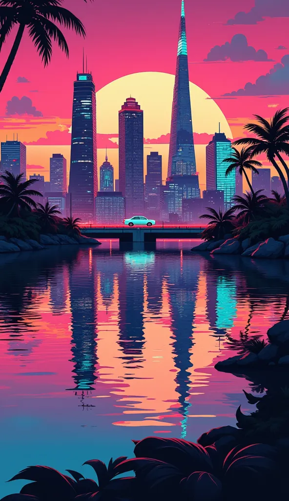 Synthwave style image of a city reflected almost perfectly in the ocean at night. on the line that divides the city and the ocean is a highway, where a car is passing through. the color is vividly displaying prominent neon-like pink, orange, and turquoise colors. moon and cloud can also be observed.