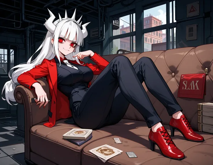 Masterpiece, Best quality, Masterpiece, Best quality, 1 woman , Lucifer (Helltaker) , Long white hair , Red eyes. , Sly face , Suit , long pants , Big Breasts , , abdomen , Long legs , Full body ,, set on sofa , relaxed , spread legs , abandoned factory