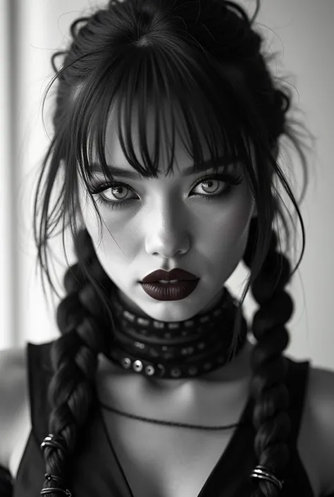  black and white with sharp contrast ,  gorgeous Goty  ,  girl beauty ,  impudent pose .  two black and white hair braids . flexible . head tilt,  art, the whole body is in the frame. plump lips with matte burgundy lipstick, white-eyed .  rocker collar and...