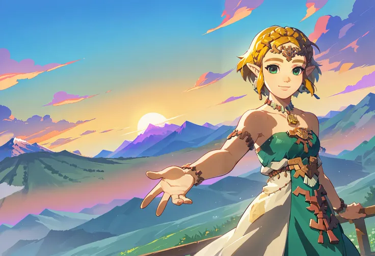 score_9, score_8_up, score_7_up, score_6_up, source_anime, totkzelda, 1girl, solo, zonai dress, short hair, bare shoulders,cowbody shot, looking at viewer, smile,tender,outstretched arm, low viewer, dutch angle,grassland,mountain, sunset,((dusk))