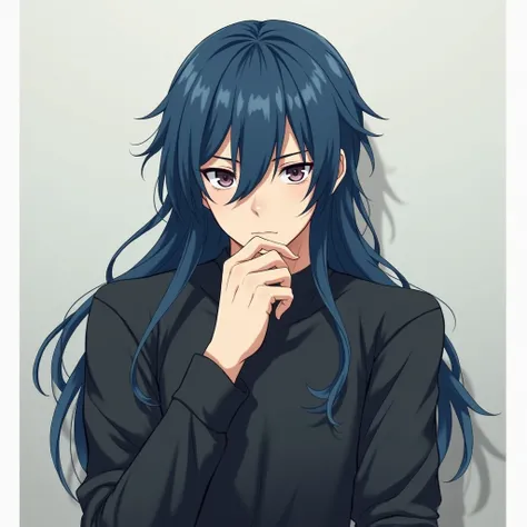 , an anime-style anime man looking at the camera, , silent, looking discreet . Mainly blue, long hair 