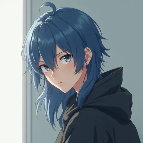 , an anime-style anime man looking at the camera, , silent, looking discreet . Mainly blue, long hair 