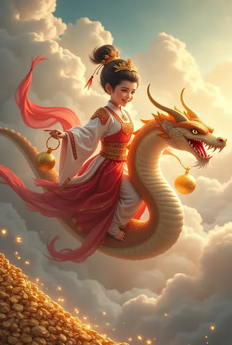  Goddess Boy , Age  Smiling Face, Chinese warrior outfit ,Red White Dress , riding snake spreading mummy , snake wearing warrior outfit , with a pile of gold There is a golden color on the back.,Handheld Gold Bag , on a pile of gold , with clouds rolling i...