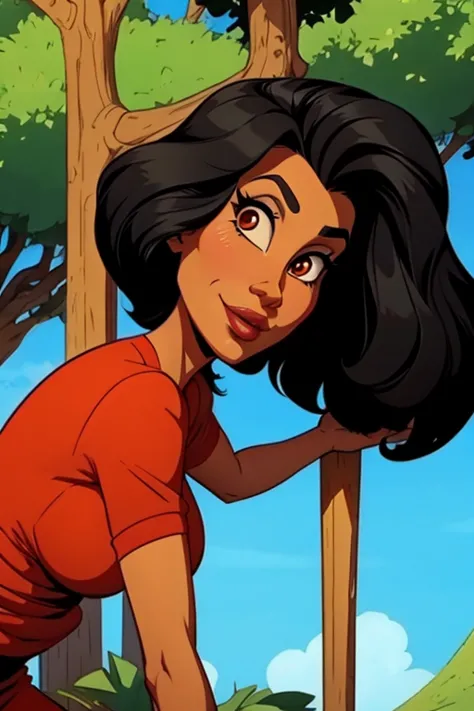 animated cartoon of a two-dimensional cartoon of a red-skinned mother with short black hair in a fantastic world