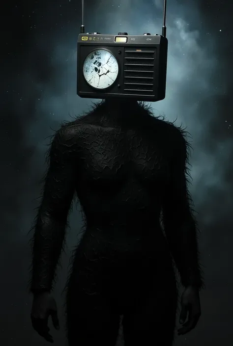 A humanoid figure with a square-shaped radio for a head, featuring dual antennas on top. The front panel displays a cracked circular dial on one side and a speaker grid on the other, with three small buttons or indicators at the bottom. Faint, jagged lines...