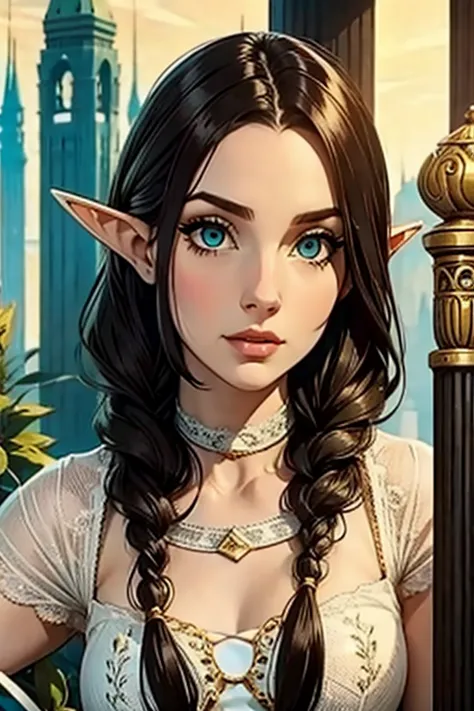 female elf,  long black hair,  braided hair , brunette,  round face, green and white clothes, em uma cidade de fantasia, fantasy...