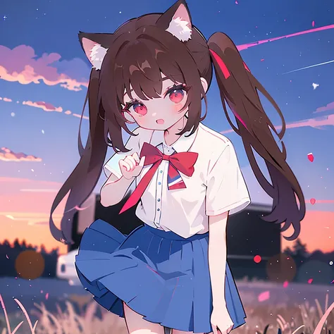 Brown hair, long two twintails, cute- perfect bangs, cat ears, white short sleeved shirt, red eyes, blue skirt, red tie, looking at viewer, the best quality, the background is blurred and has a blue and purple sunset with pink grass and black trees *NO EXT...