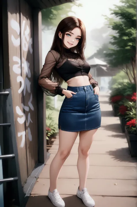 adorable teenage girl, smiling, show her teeth, standing pose against aluminium wall, nature theme background, garden outside, she is in dark-brown medium hair (+forehead), wears light-brown blouse (+transparent mesh long sleeves),  denim pencil skirt, BRE...