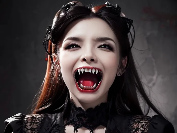 photorealistic, portrait, very deep cleavage, vampire, open mouth, (fangs:1.8), elegant yet wild beauty, gothic lacy clothes