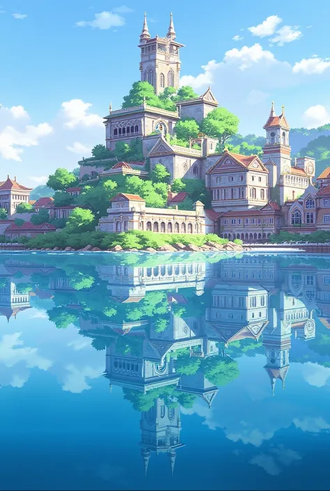 Scenery of the city that reflects on the water The beautiful watertown The town has a river and a boat Reflecting on the surface of the water Both sides of the building are extremely complex exquisite details Very detailed errors Complex cityscapes Masterp...