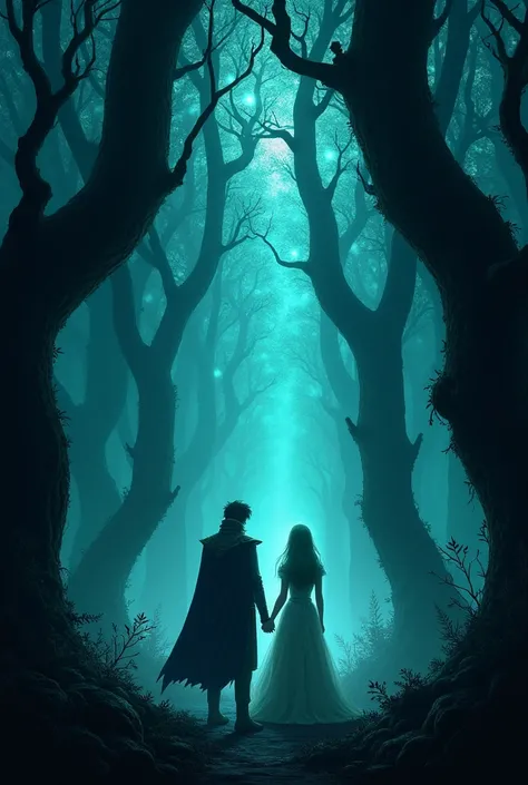  A dark, mystical forest with tall, twisted trees. Soft blue and green lights shimmer between the branches, creating an eerie glow. Prince Alaric and Princess Seraphina stand in the center, looking determined but cautious. Faint ghostly figures and whisper...