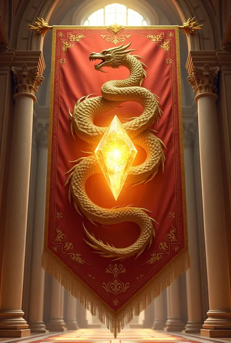 A beautifully woven banner with golden dragon scales embedded into the design, hanging in the grand hall of the palace. The banner depicts a dragon wrapped protectively around the glowing Crystal of Harmony, symbolizing unity and strength. Sunlight streams...