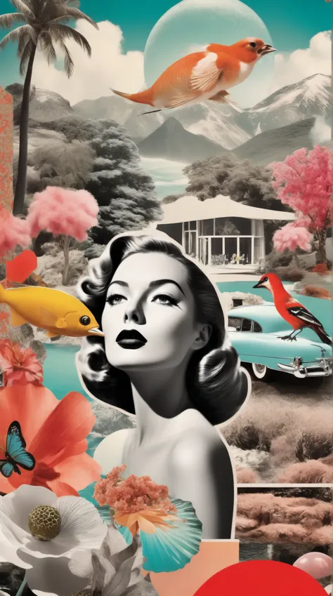 Create a high-contrast surreal collage that blends dreamy elements of paradise, incorporating vibrant colors and intricate details. Feature stunning landscapes inspired by 1950s movies, showcasing beautiful faces and captivating figures. Emphasize a sense ...