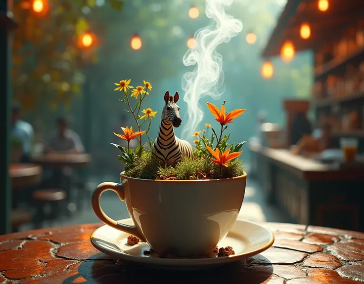 Candid portrait, photography, natural texture, hyperrealistic lighting, editing, magical mythical fantasy illustration of a coffee cup containing a miniature magical ecosystem, with ethereal smoke rising from a small zebra sitting among the grass and trees...