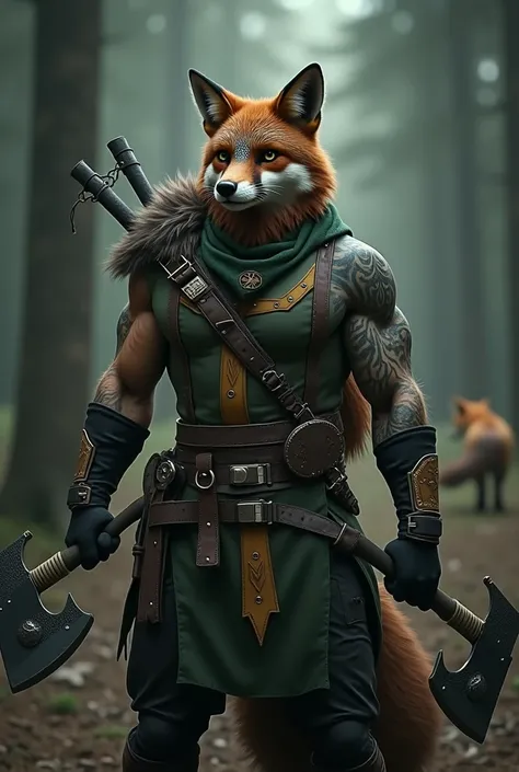 masculine anthro fox, viking, axes, posing, grey and green tones, shinkawa youji, bandana, green and gold, sneaking suit, (dark background:1.4), metal gear, cinematic, eyepatch geometric, military equipment, Viking, male, 1boy, photorealistic, high definit...