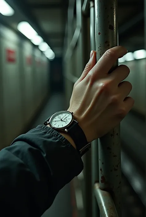  I want a hand clutching a subway tube,  and that you can see a watch on my hand , That it refers to time 