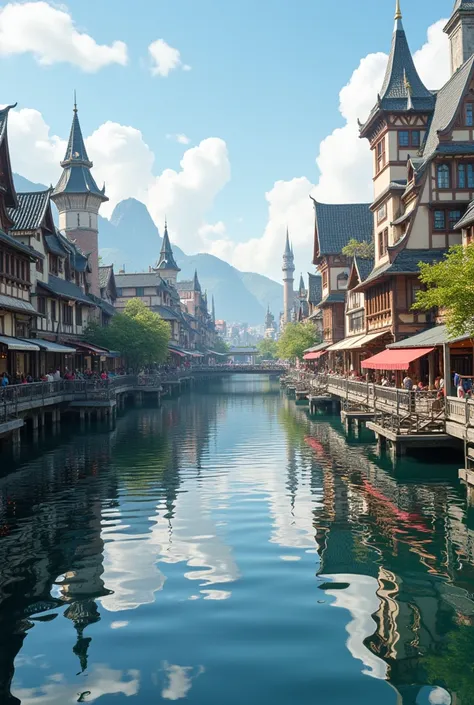 Scenery of the city that reflects on the water The beautiful watertown The town has a river and a boat Reflecting on the surface of the water Both sides of the building are extremely complex exquisite details Very detailed errors Complex cityscapes Masterp...