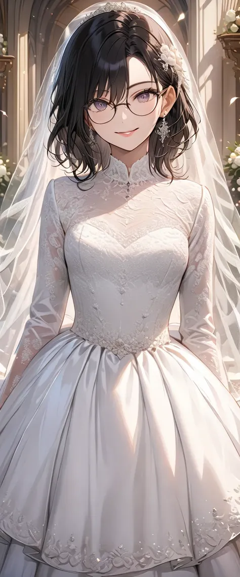 (masterpiece, best quality, super detailed:1.6), portrait,( mature woman with dark hair ,Medium-long hairstyle,Large black-rimmed glasses ),smile,whole body, wedding dress ,Wedding Venues,Character portrait,(Small breast size)